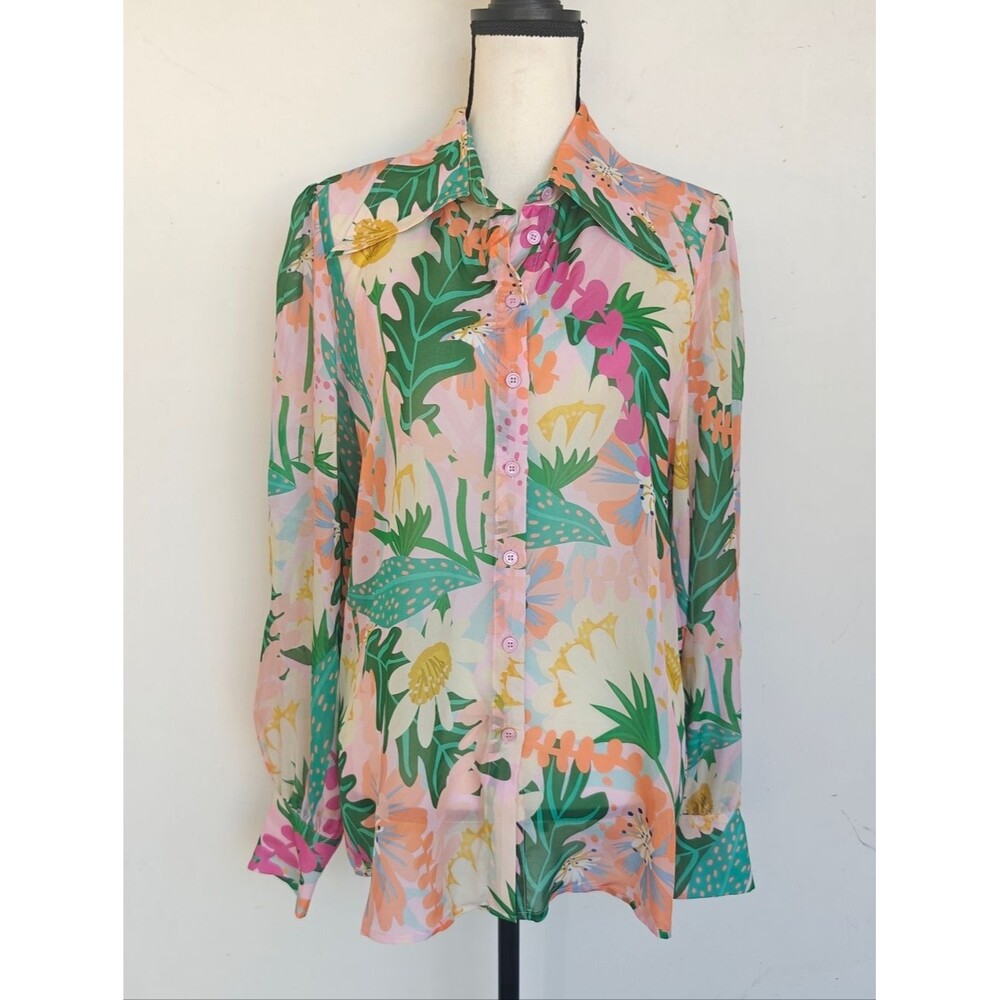 Jessie Liu Silk Floral Button Down Shirt Size Large Pink Green
